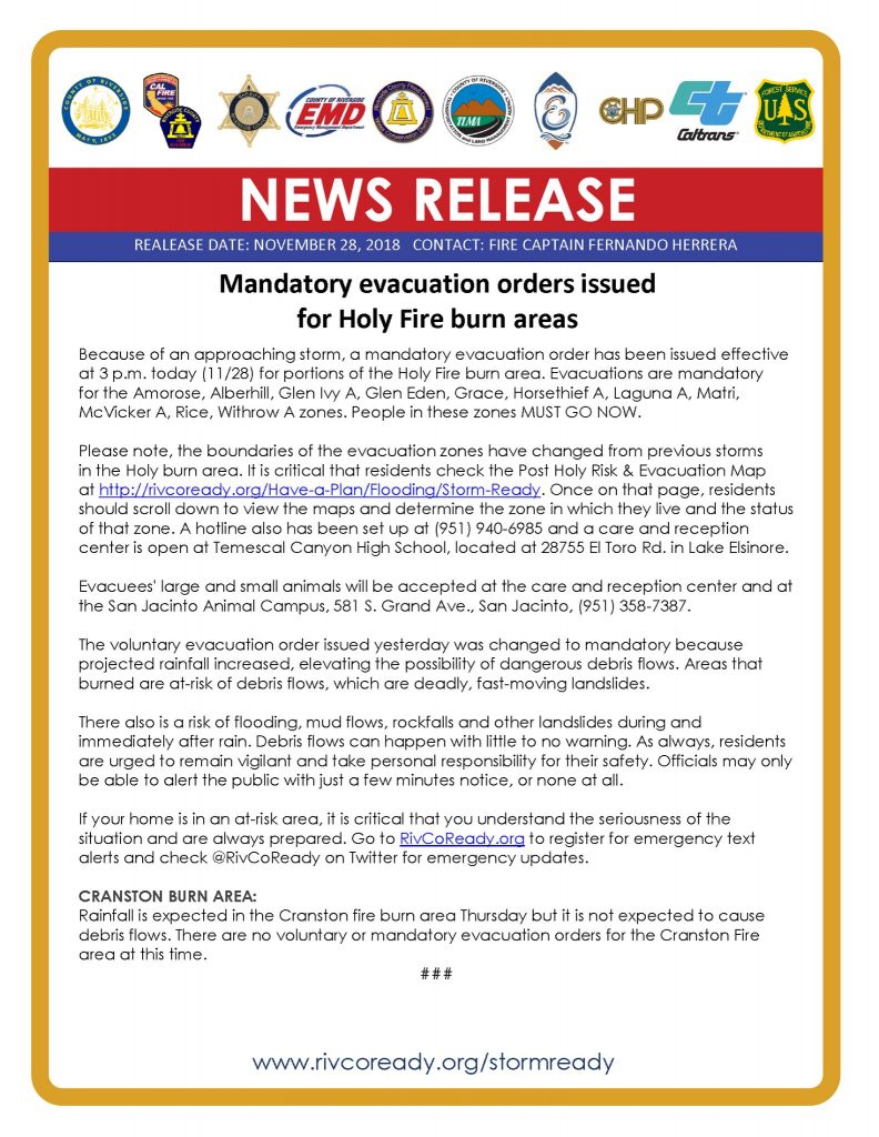 Mandatory Evacuation Orders Issued | Inland Regional Center